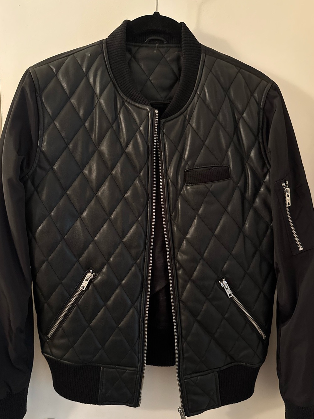 Members only vegan leather quilted front panel jacket